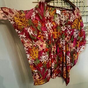 BOA Tropical Floral Kimono Tunic Blouse Tassel Tie Boho Medium